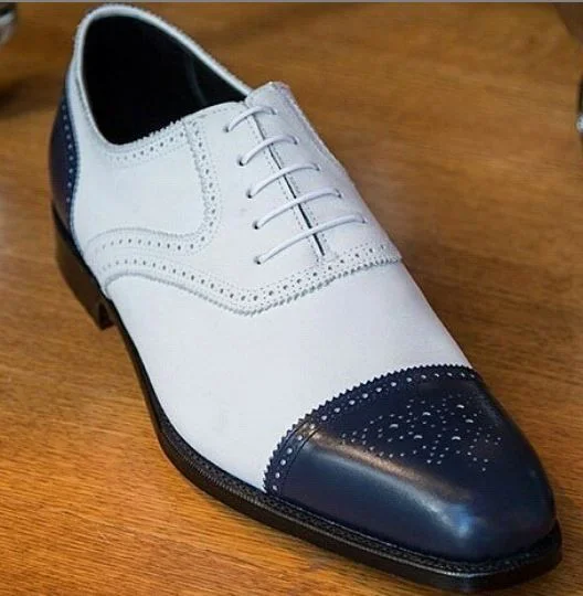 Men's Handmade Oxford Brogue Dress Shoes in White and Navy Blue