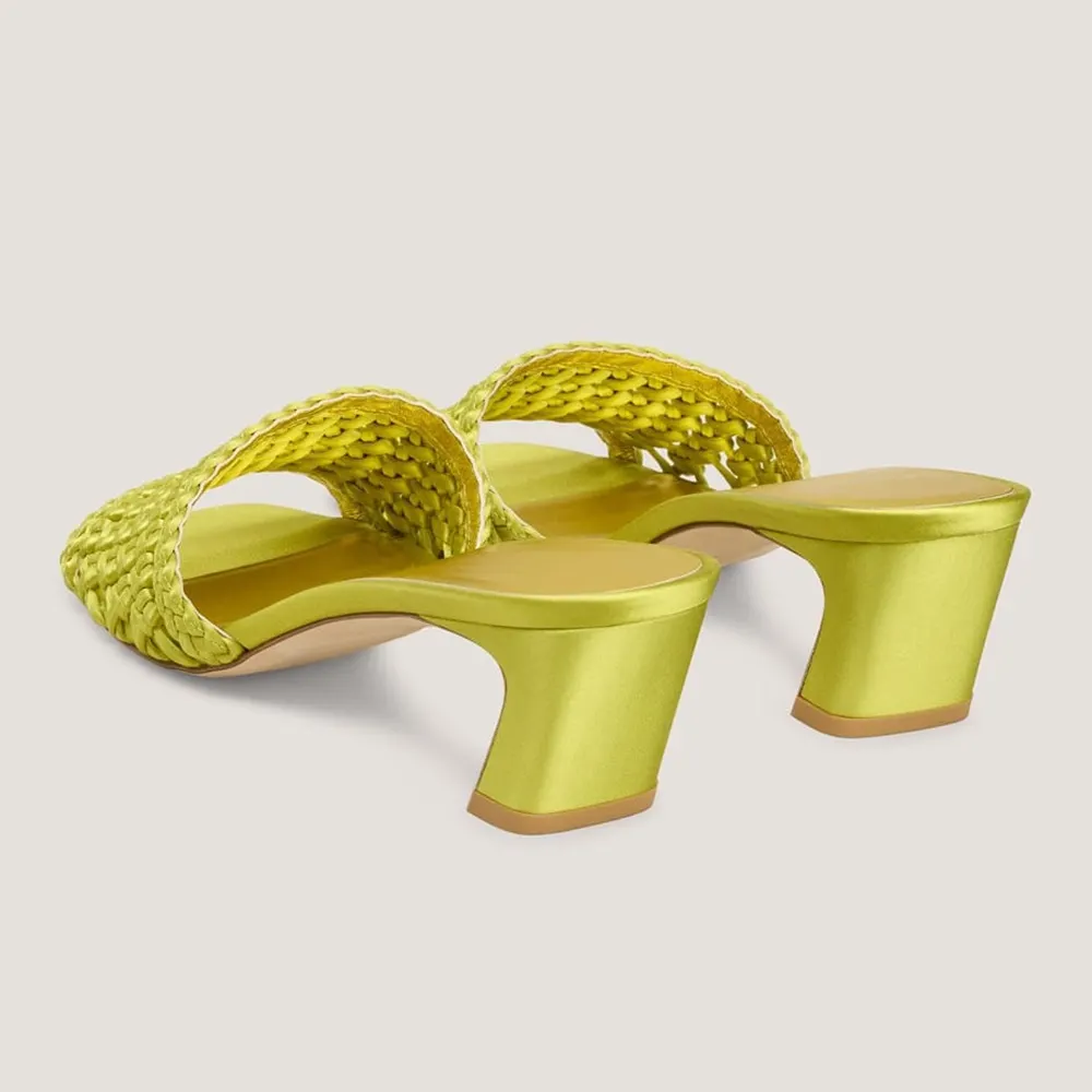 Lime Satin Woven Slip On Square Toe Block Heel Mules Sandals