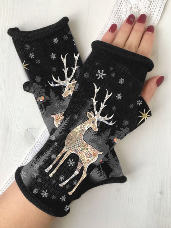 Christmas vintage printed knitted warm gloves