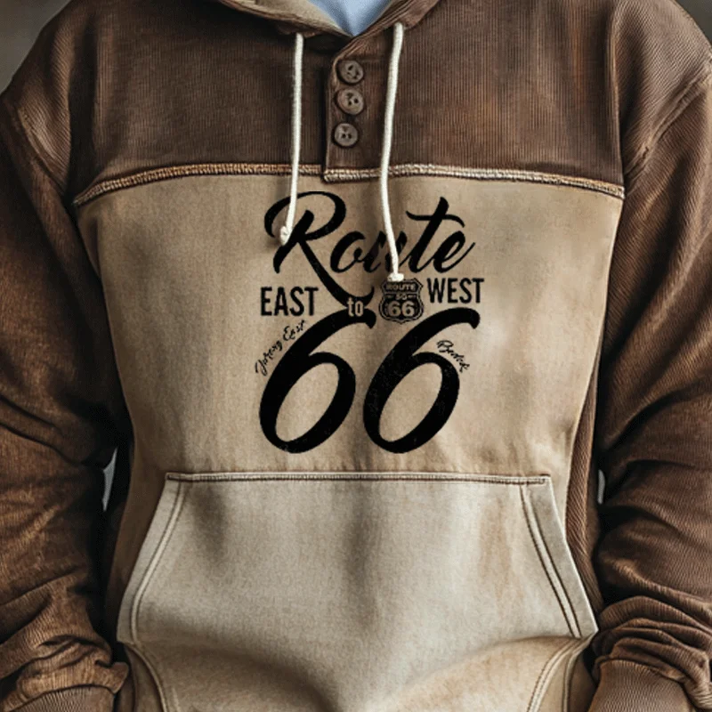 Men's Route66 Corduroy Splicing And Contrasting Colors Hoodie