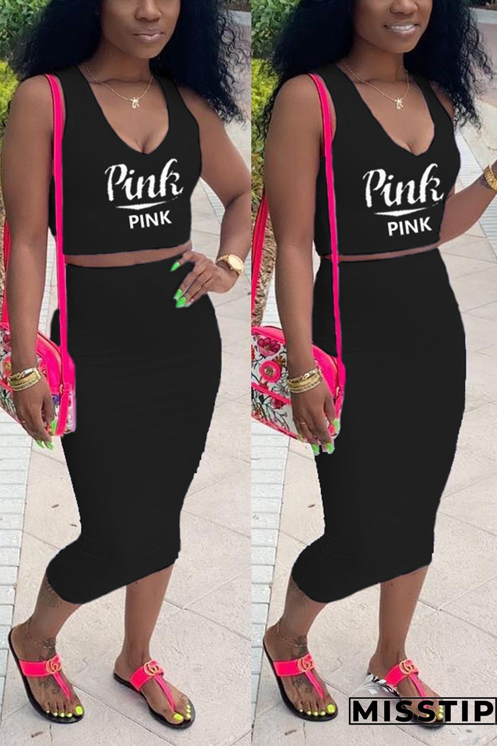 Blue Fashion Casual Printed Sleeveless Top Set