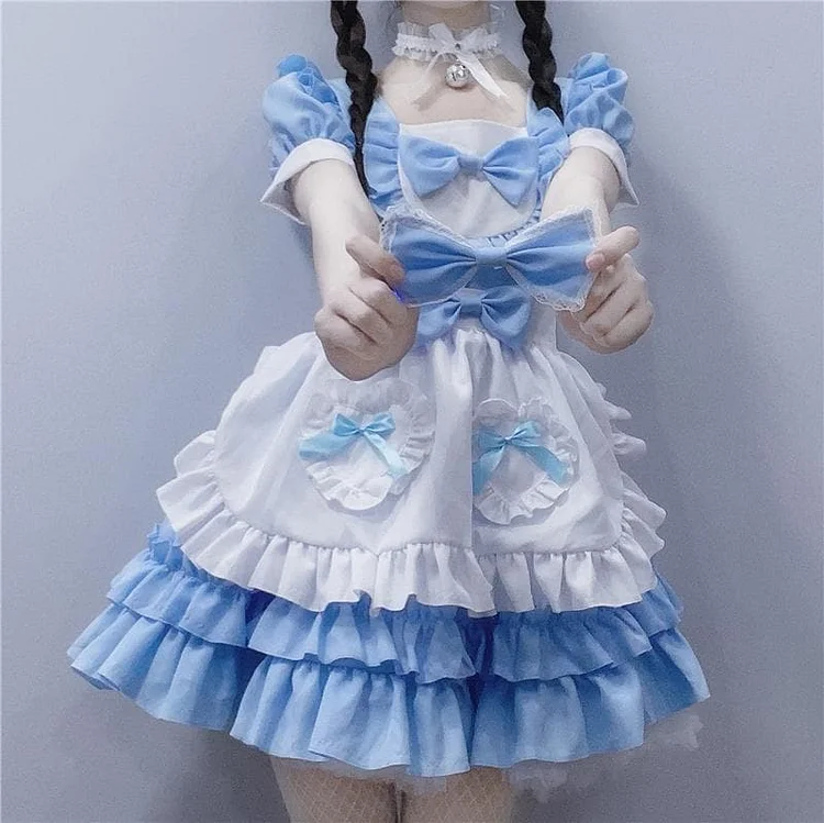 Cute Lolita Blue Lace Bowknot Maid Dress SS1149