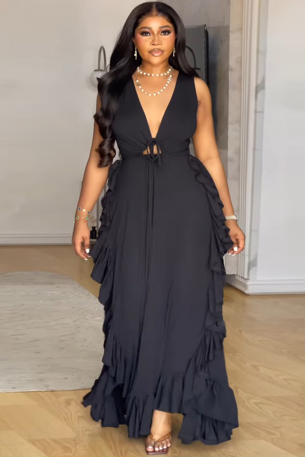 Plus Size Everyday Black Deep V Neck Sleeveless Lace Up Ruffle Maxi Dress 2024 - Flycurvy 