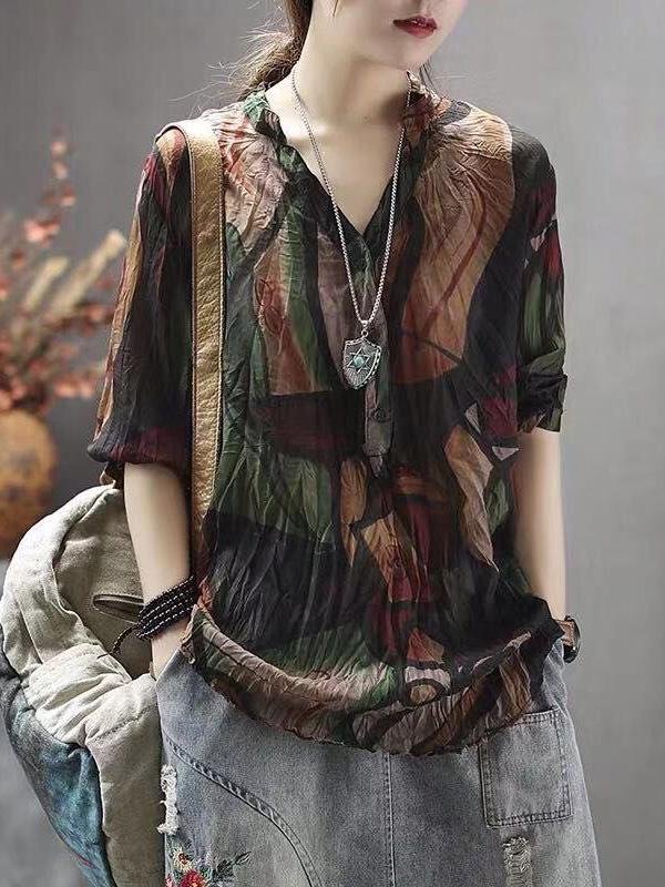 Vintage Floral Three-Quarter Sleeve Stand Collar Shirt