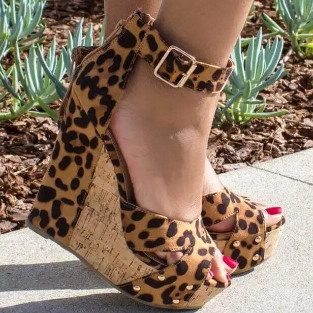 VCSHOES Woman Leopard Buckles Cuts Out Open Toe Wedge Platform Sandals Club Patchwork High Heel Sandals Shoes Plus Size