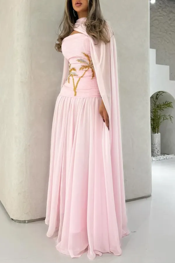 Stylish Beaded Sleeveless Off-shoulder Elegant Maxi Dress with Chiffon Shawl