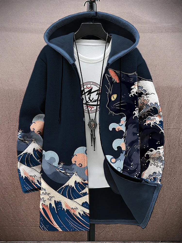 Japanese Wave & Cat Prints Men's Hooded Jacket