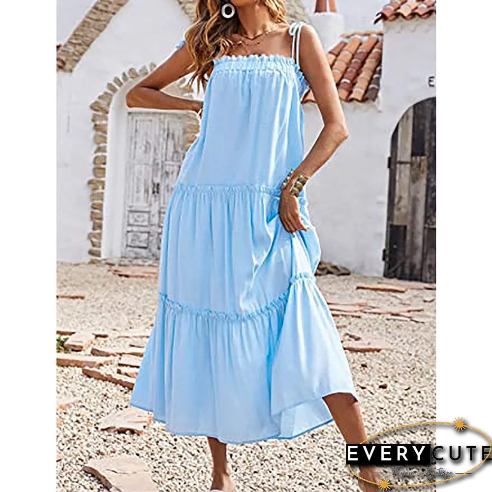 Light Blue Layered Sleeveless Swing Midi Dress