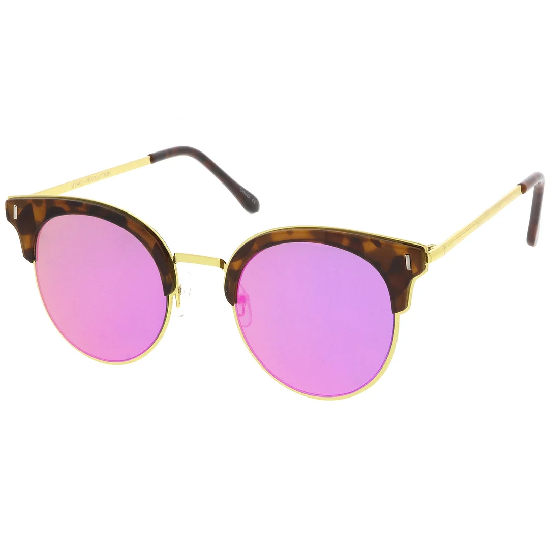 Modern Half Frame Round Colored Mirror Flat Lens Horn Rimmed glasses 49mm