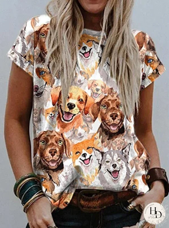 Urban Casual Western Retro Style Round Neck Print Short Sleeve Loose T-Shirt