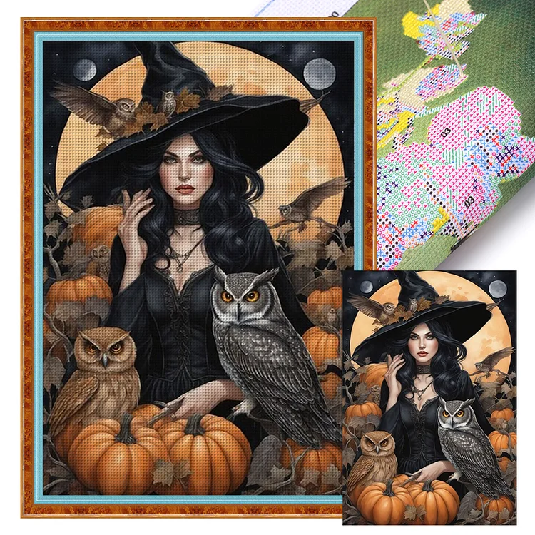 【Huacan Brand】Pumpkin Owl Witch 11CT Stamped Cross Stitch 40*60CM