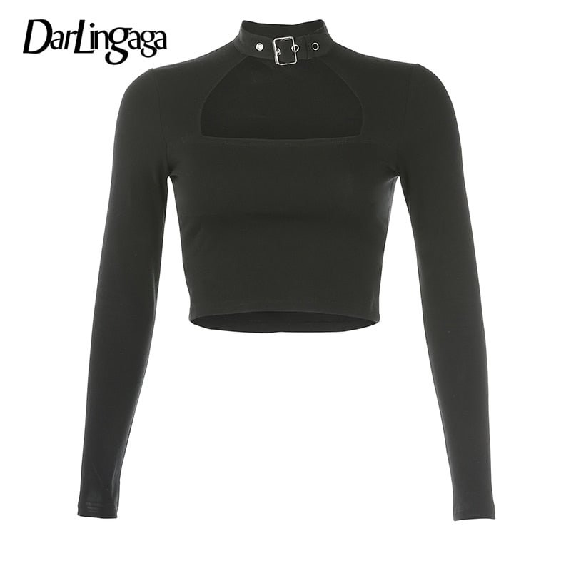 Darlingaga Streetwear Gothic Choker Halter T shirt Crop Tops Autumn Cut Out Sexy Long Sleeve Tshirt Women Cotton Top Tee Clothes