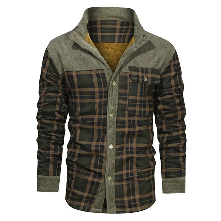 Men's Retro Check Pattern Stitching Warm Fleece Lined Plaid Wanderer Jacket