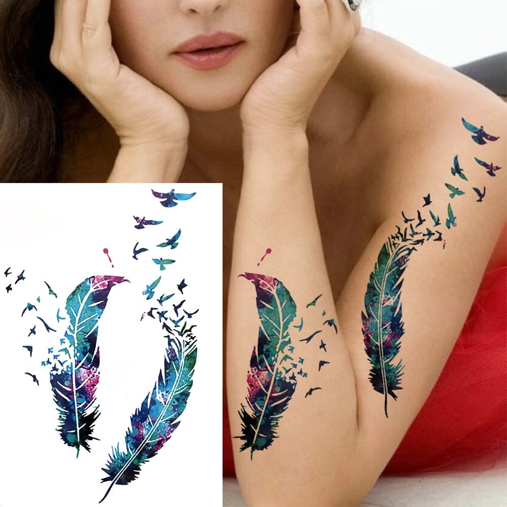 Bird Flower Temporary Tattoos For Women Adults Fake Feather Fox Wolf Tattoo Sticker Geometric Hummingbirds DIY Tatoos Realistic