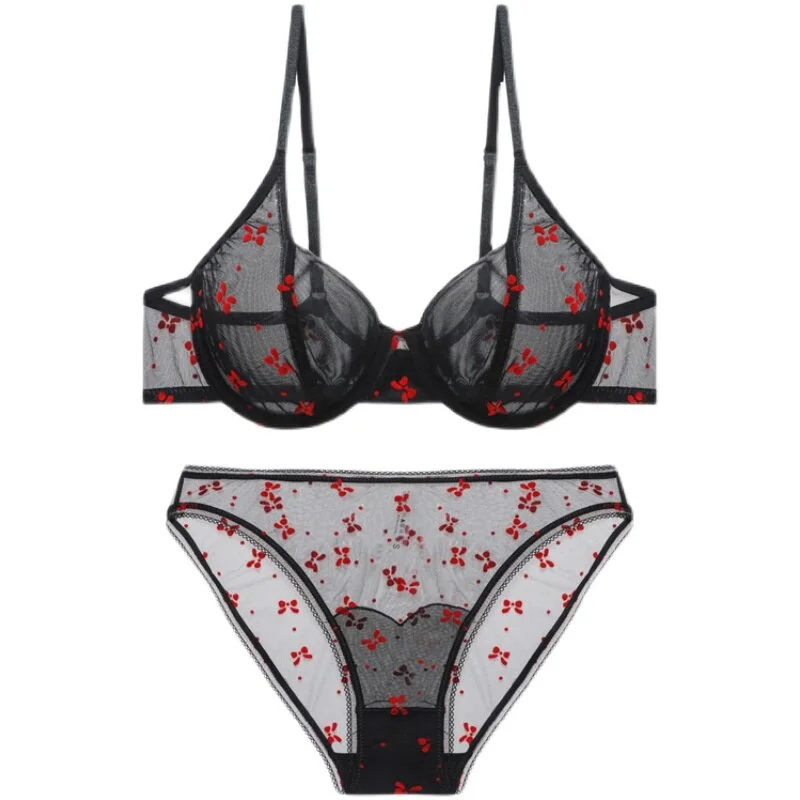 Billionm Lace Ultra Thin Lingerie French Sexy Bra Set Women Printing Underwear Summer Mesh Transparent Temptation Brassiere Panties