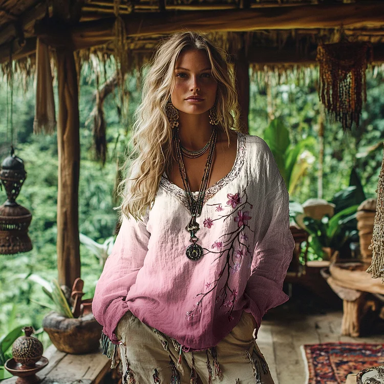 Women's Vintage Cherry Blossoms With Celtic Knot Gradient Long Sleeve T-shirt