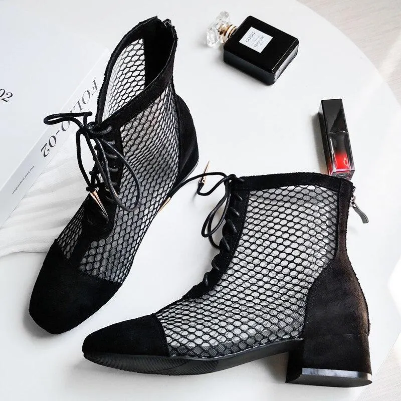 2021 Summer New Black Thick Heel Strap High Boots Ladies Breathable Hollow Mesh Fashion Boots