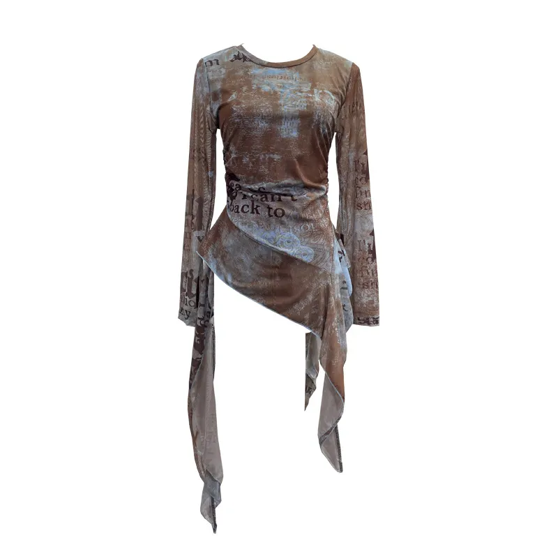 Uveng Real Shooting Babes Long Sleeves And Jersey Net Yarn Dye Printing Irregular Lotus Leaf Edge Ribbon Folding Top 9998