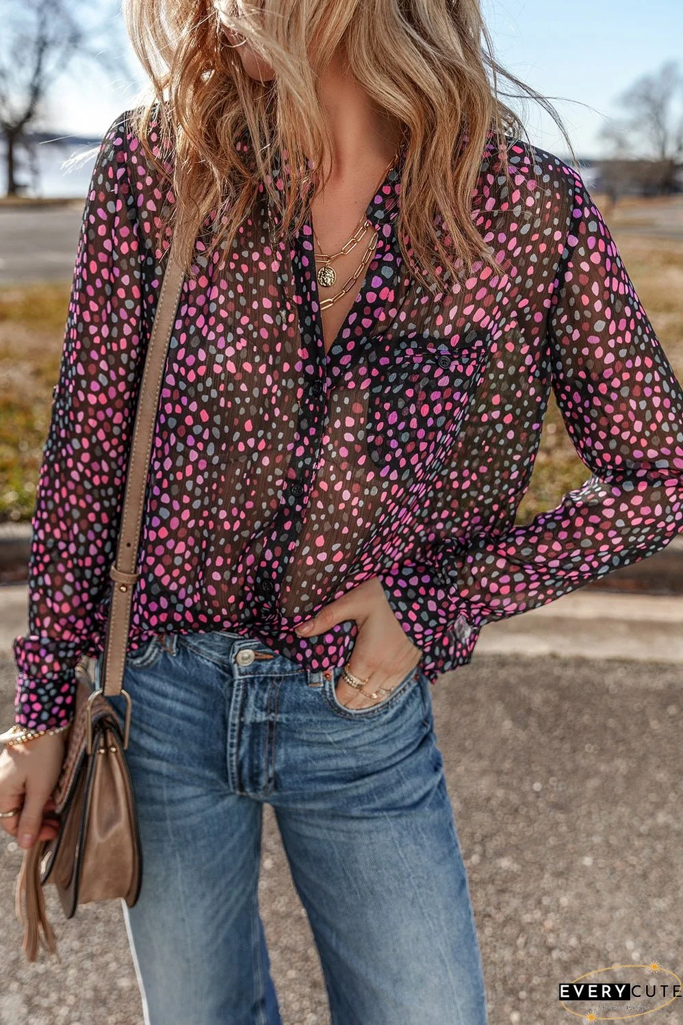 Polka Dot Buttoned Casual Shirt