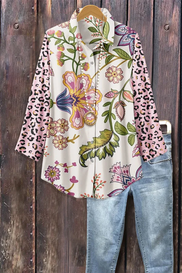 Floral Print Leopard Three Quater Sleeve Shirt