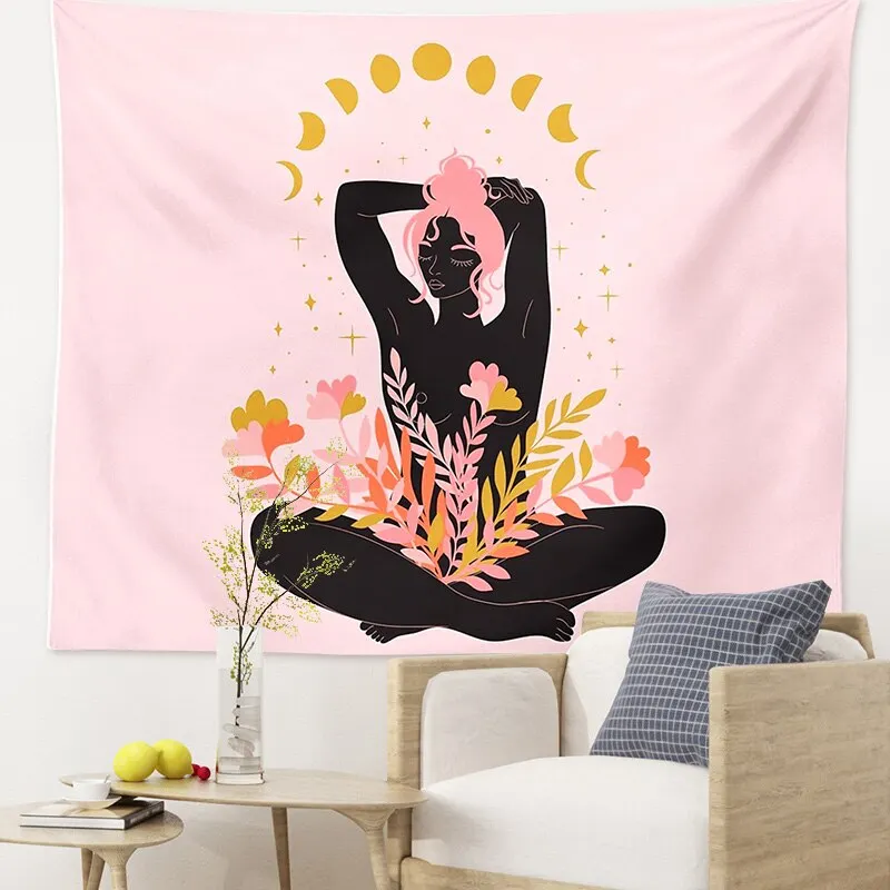 Abstract psychedelic tapestry Sun and moon flower woman tapestry  art decoration bedroom sofa background wall decoration cloth