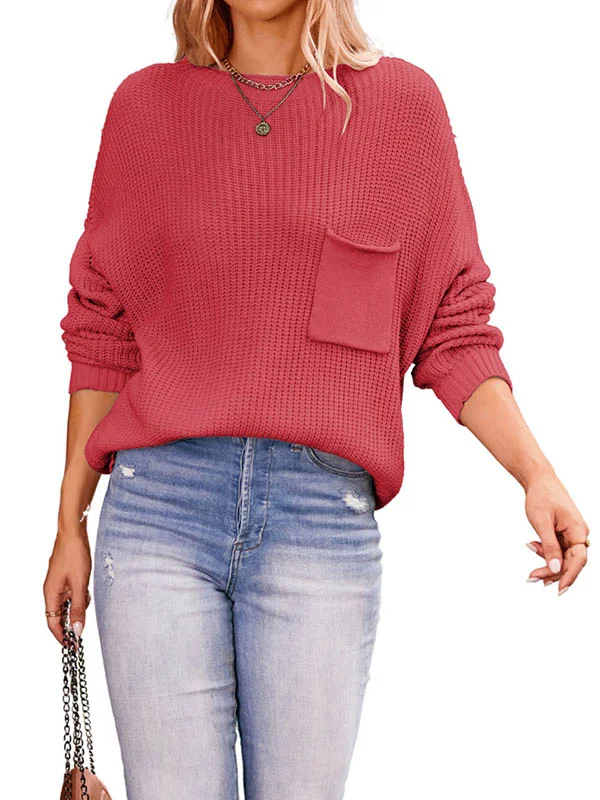 Solid Color Pockets Loose Long Sleeves Round-Neck Sweater Tops Pullovers