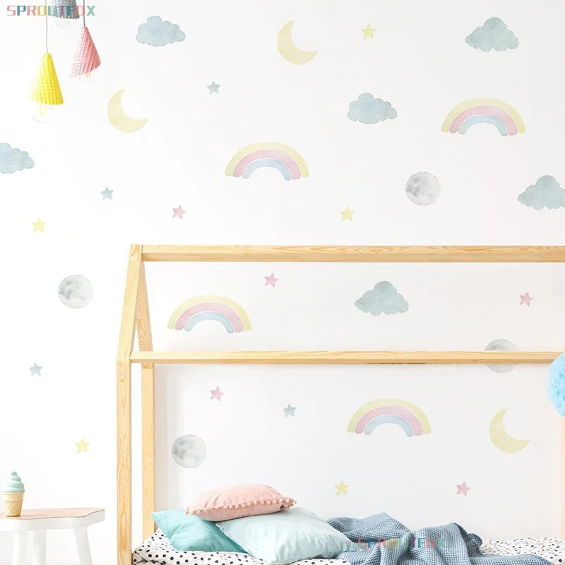 Colorful Rainbow Cartoon Moon Clouds Stars Wall Stickers for Baby Room Kids Room Modern Decoration Vinyl Nursery Decals