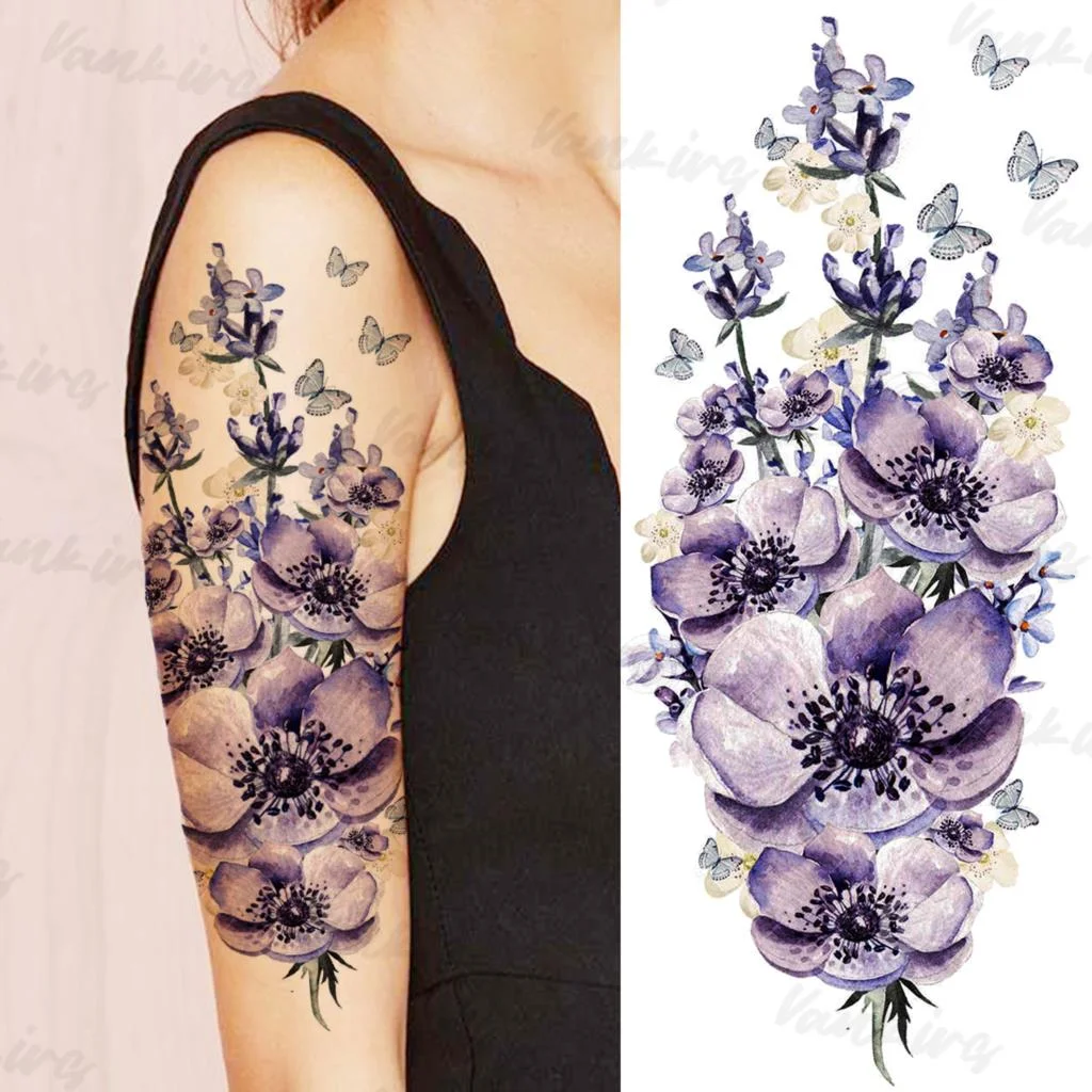 Sdrawing Flower Temporary Tattoos For Women Girls Realistic Lavender Butterfly Flower Fake Tattoo Sticker Forearm Body Tatoos 3D