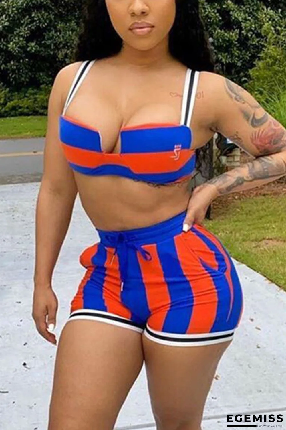 Blue Sexy Striped Print Sling Top Shorts Set | EGEMISS