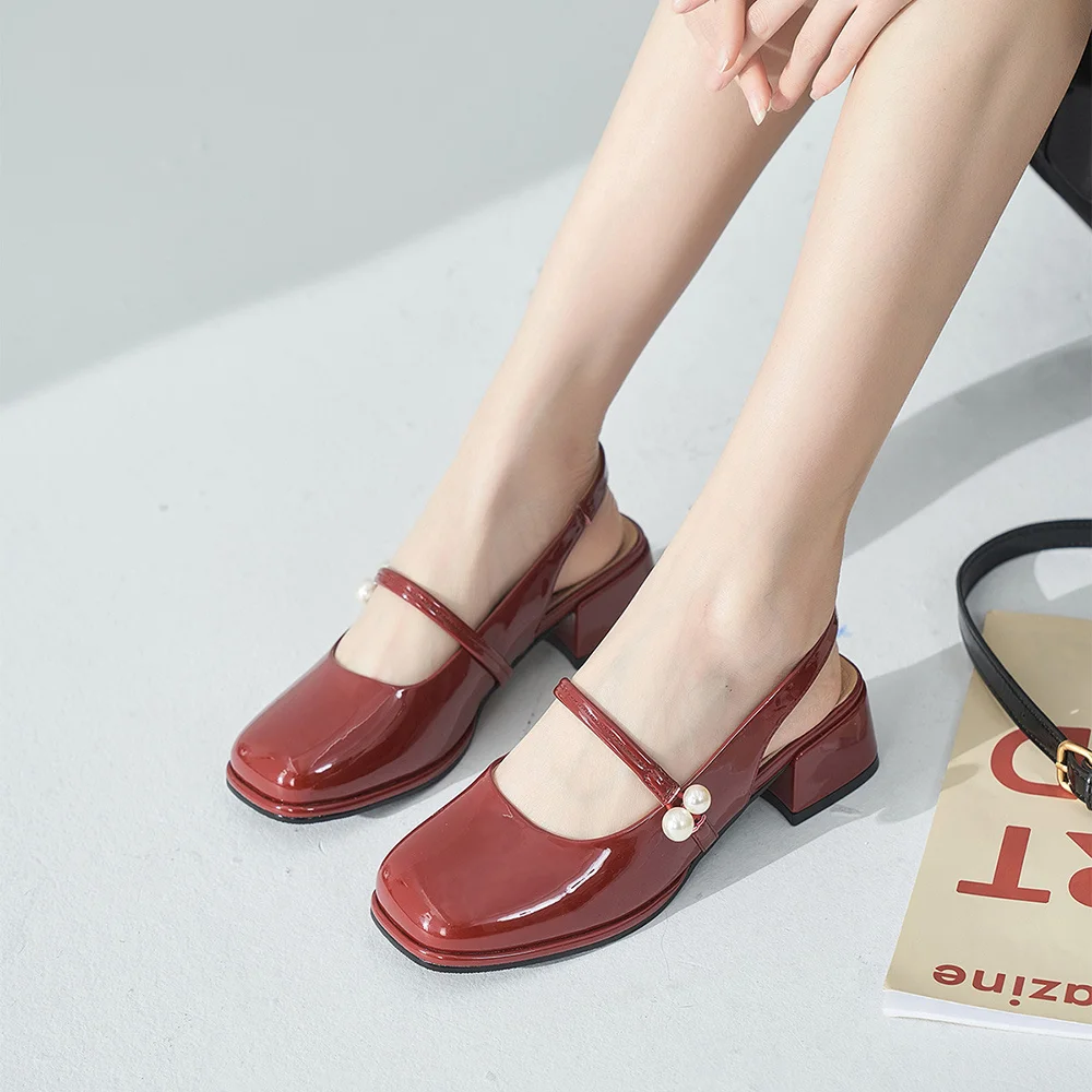 Maroon Patent Leather Closed Square Toe Slingback Loafers With Low Chunky Heels Nicepairs