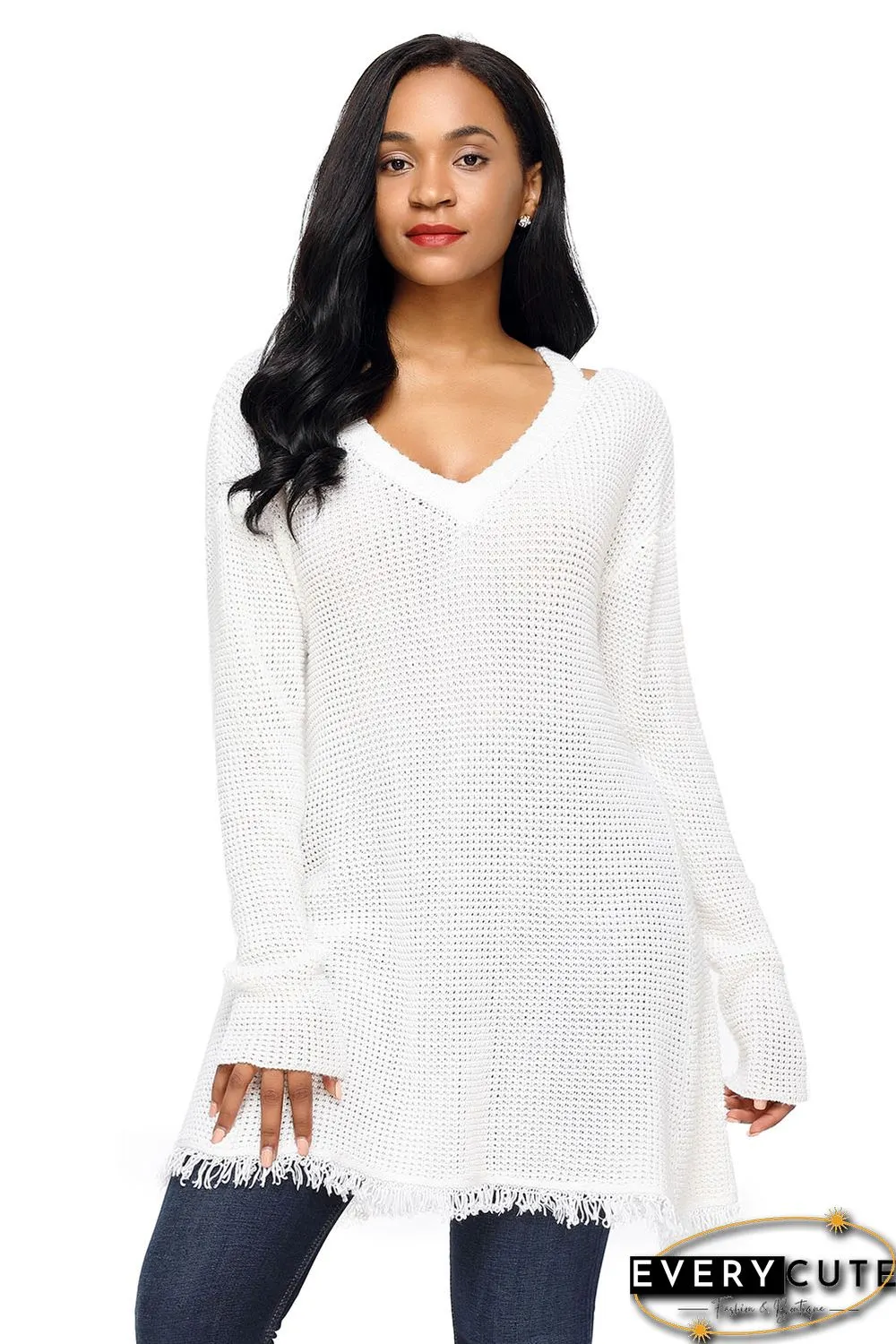 White V Neck Waffle Knit Sweater