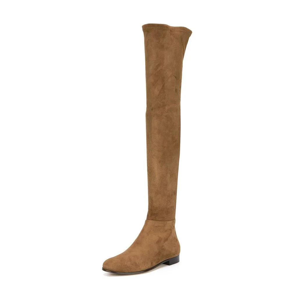 Tan Round Toe Chunky Heel Over The Knee Vegan Suede Boots Women