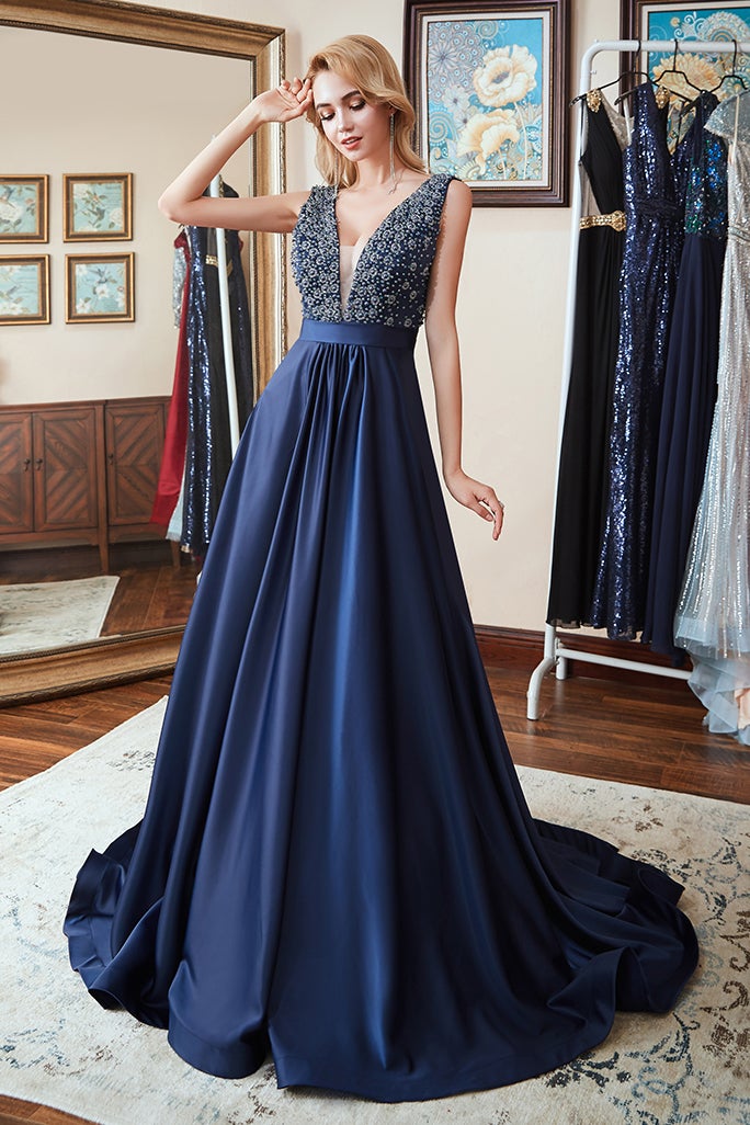 Dark Navy Sleeveless Prom Dress with Beading