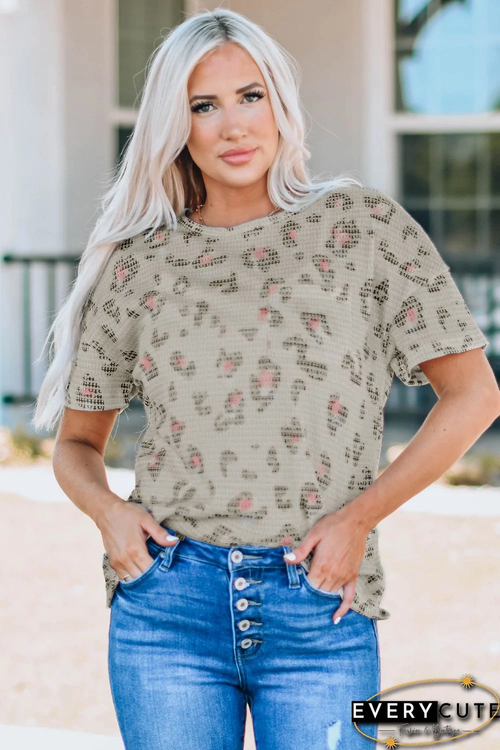 Leopard Waffle Knit Short Sleeve Top