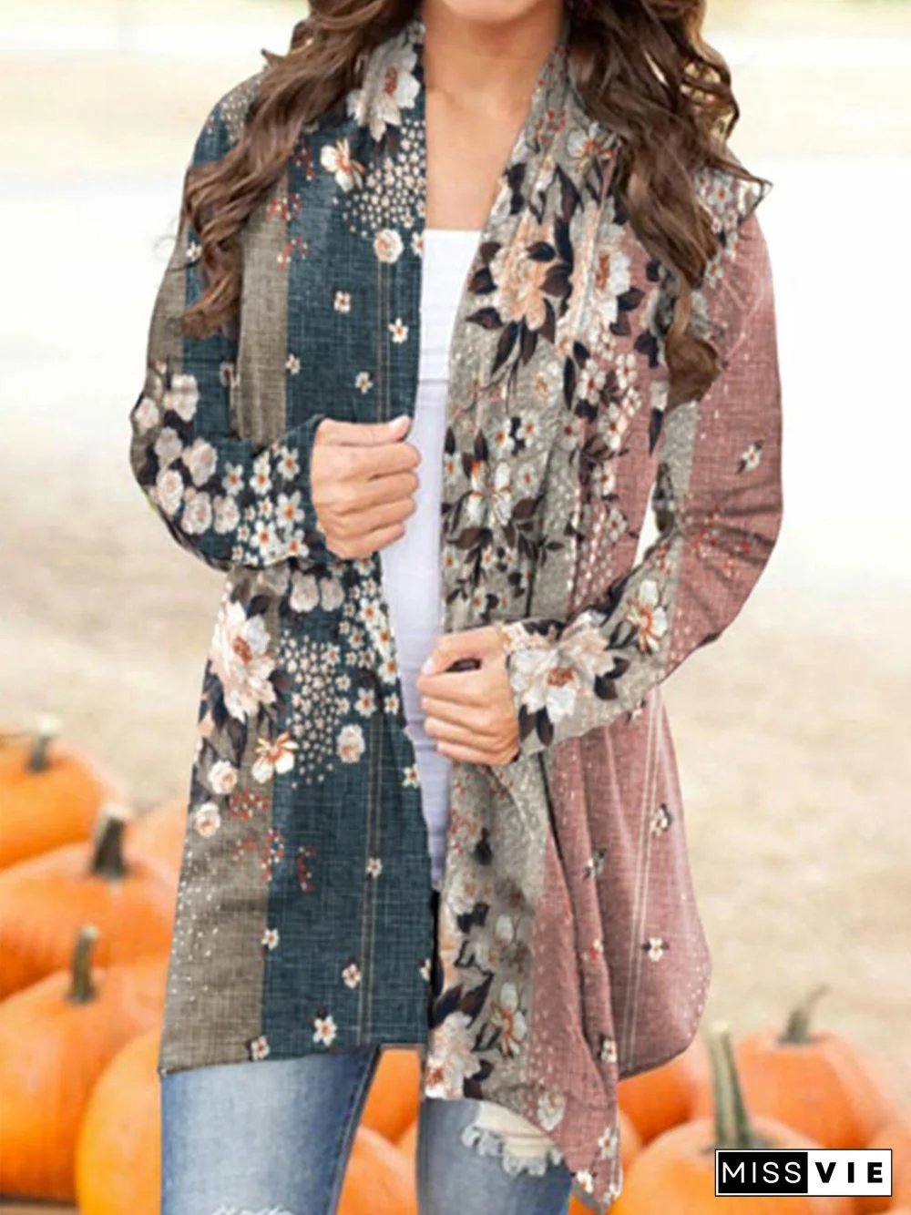 Floral Long Sleeve Plus Size Casual Cardigan