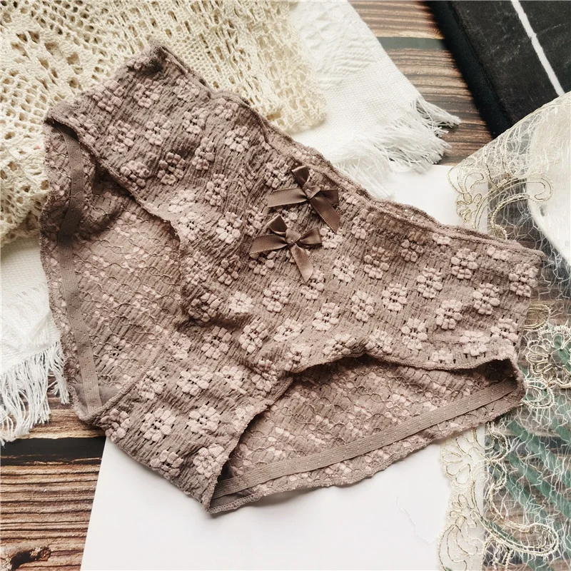 Billionm Flower Buds Literary Retro Cute Flowers Low-waist Bow-knot Women's Underwear Breathable Solid Color Fashion Students New