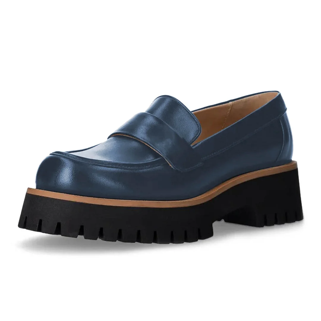 Navy Round Toe Office Shoes Platform Loafers with Chunky Heels