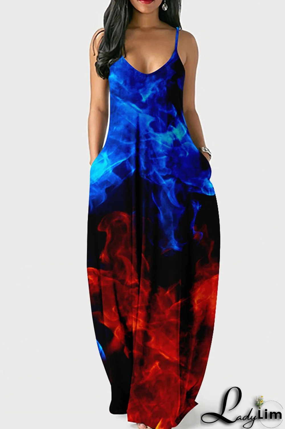 Blue Red Fashion Sexy Print Backless Spaghetti Strap Long Dress