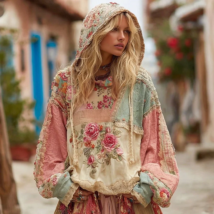 Love & Health Collection Classic Floral Patchwork Art Linen Long Sleeve Hoodie