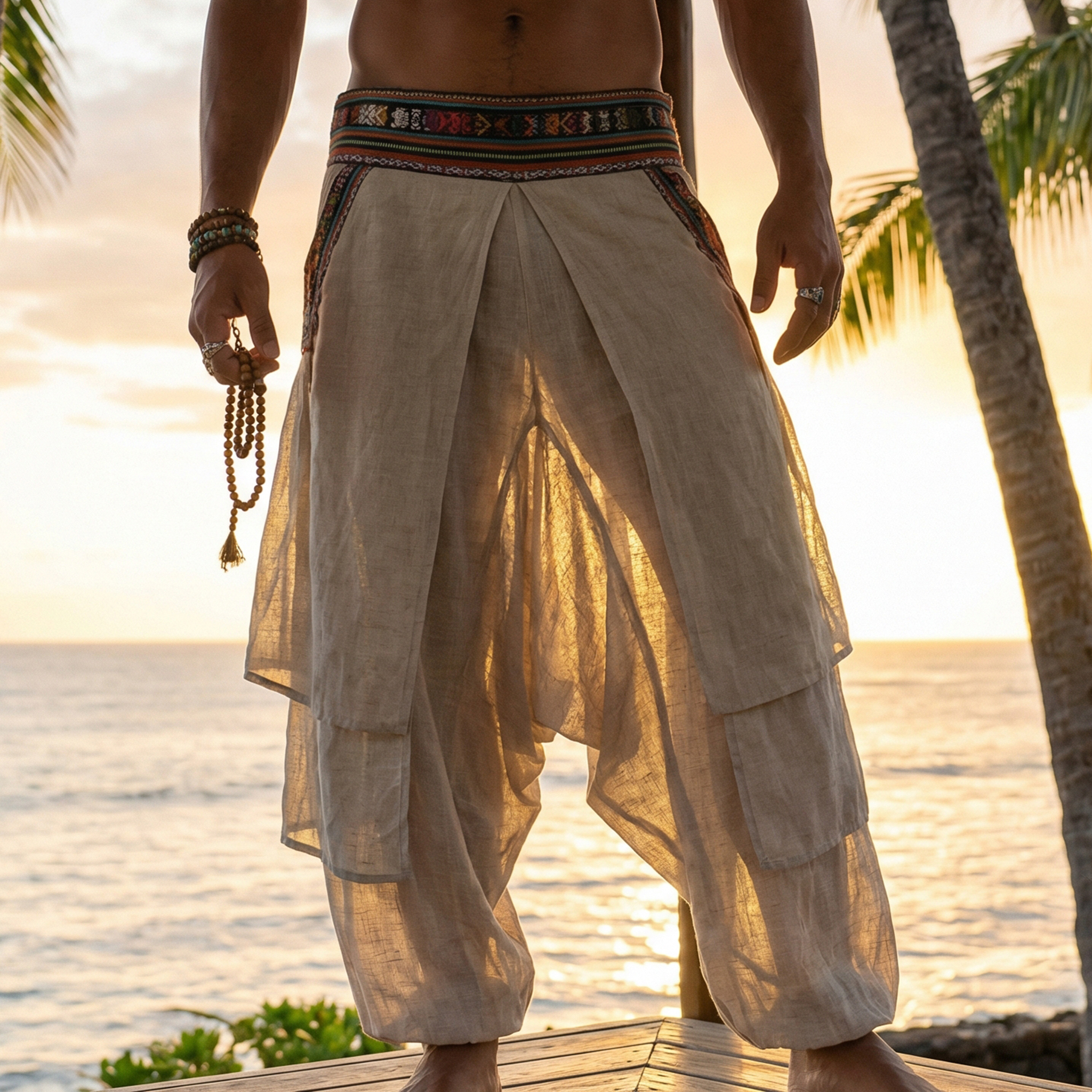 thesupersurf Men's Loose-fitting, Multi-layered, Feather-trimmed, Ethnic-style Linen Trousers For Beach Holidays And Leisure. 