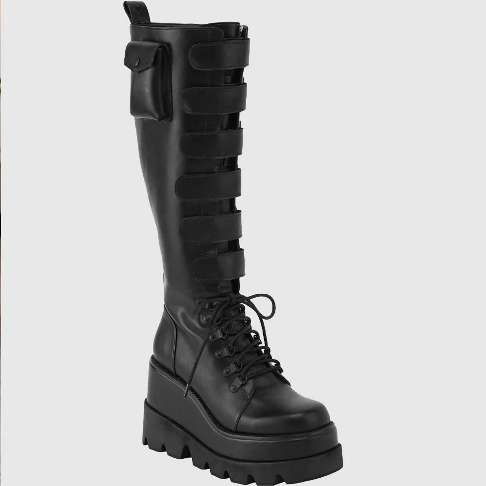 New Brand Design Big Size 43 Shoelaces Motorcycles Boots Female Platform Wedges High Heels mid-calf Boots Women Shoes