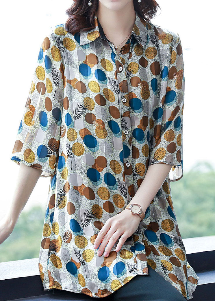 VCSHOES Dot Print Peter Pan Collar Button Silk Shirt Top Summer