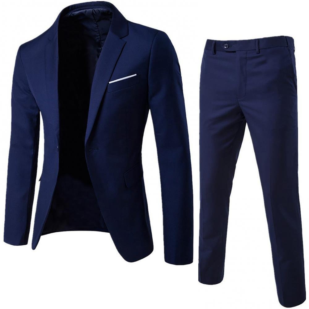 (Small Size) 2Pcs/Set Plus Size 3XL Men's Fashion Slim Suits Solid Color Long Sleeve Lapel Slim Button Business Suit Clothing