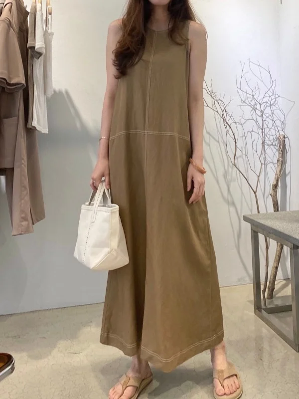 Loose Solid Color Sleeveless Cotton And Linen Dress