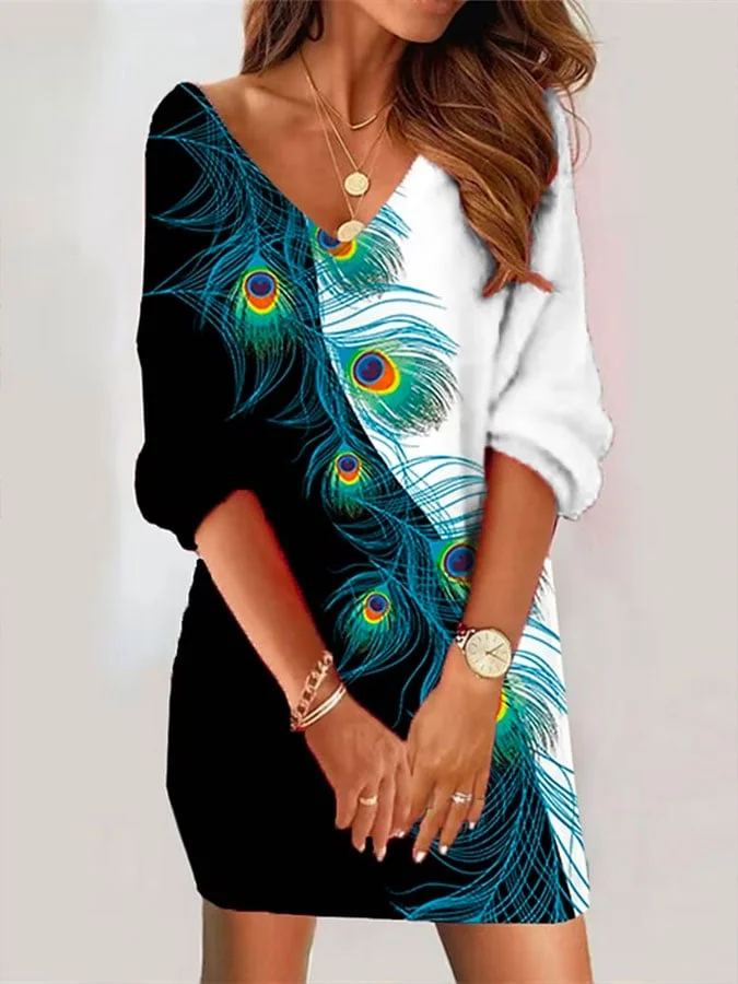 Women's Feather Print V-Neck Loose Long Sleeve Dress