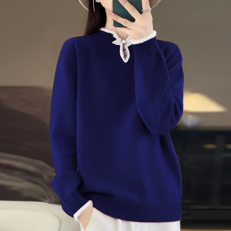Churchf Churchf Buckle Bottom Shirt Female 2024 New Chinese Style Cheongsam Type Standing Collar Long Sleeve Foreign Style Fashion Sweater Sweater