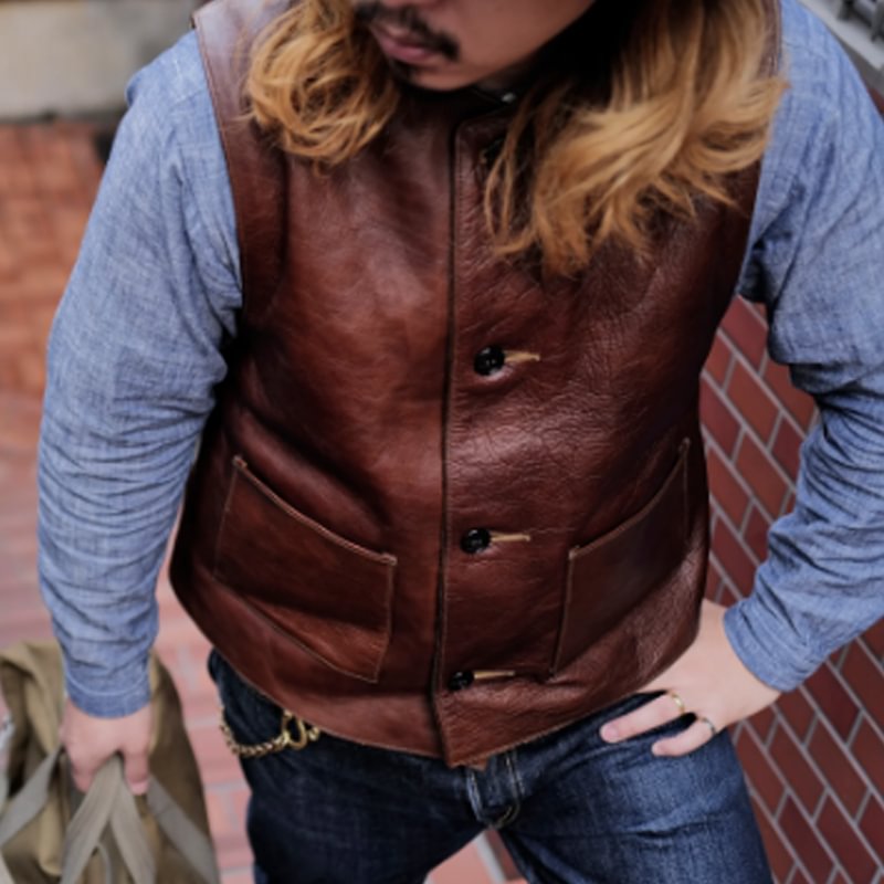 Vintage Olive Wool Lined Cotton Sewing Thread Leather Vest