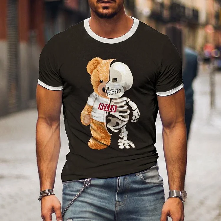 Men's Casual Hello Teddy Bear Round Neck T-Shirt 52430142TO