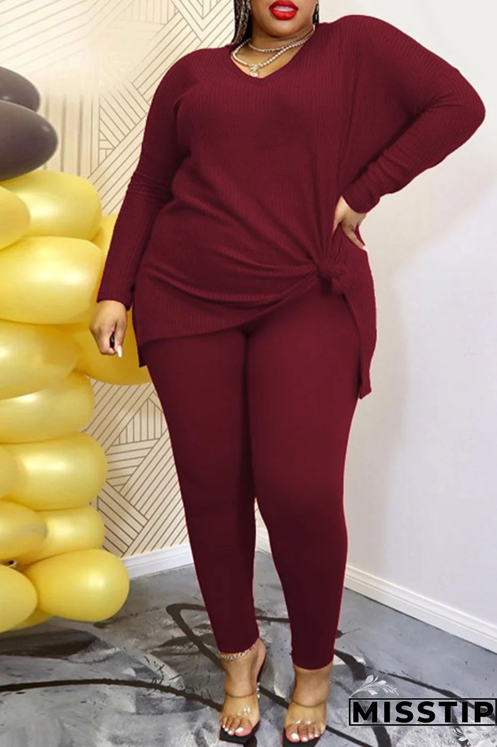 Rose Red Casual Solid Patchwork Slit V Neck Plus Size Two Pieces