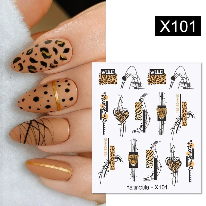 Harunouta Leopard Abstract Line Nail Water Sticker Decals Valentine's Day Flowers Sliders Decoration For Autumn Nail Design